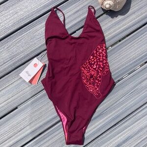 NWT Maaji Plum One-Piece Swimsuit with Coral Embroidered Leopard